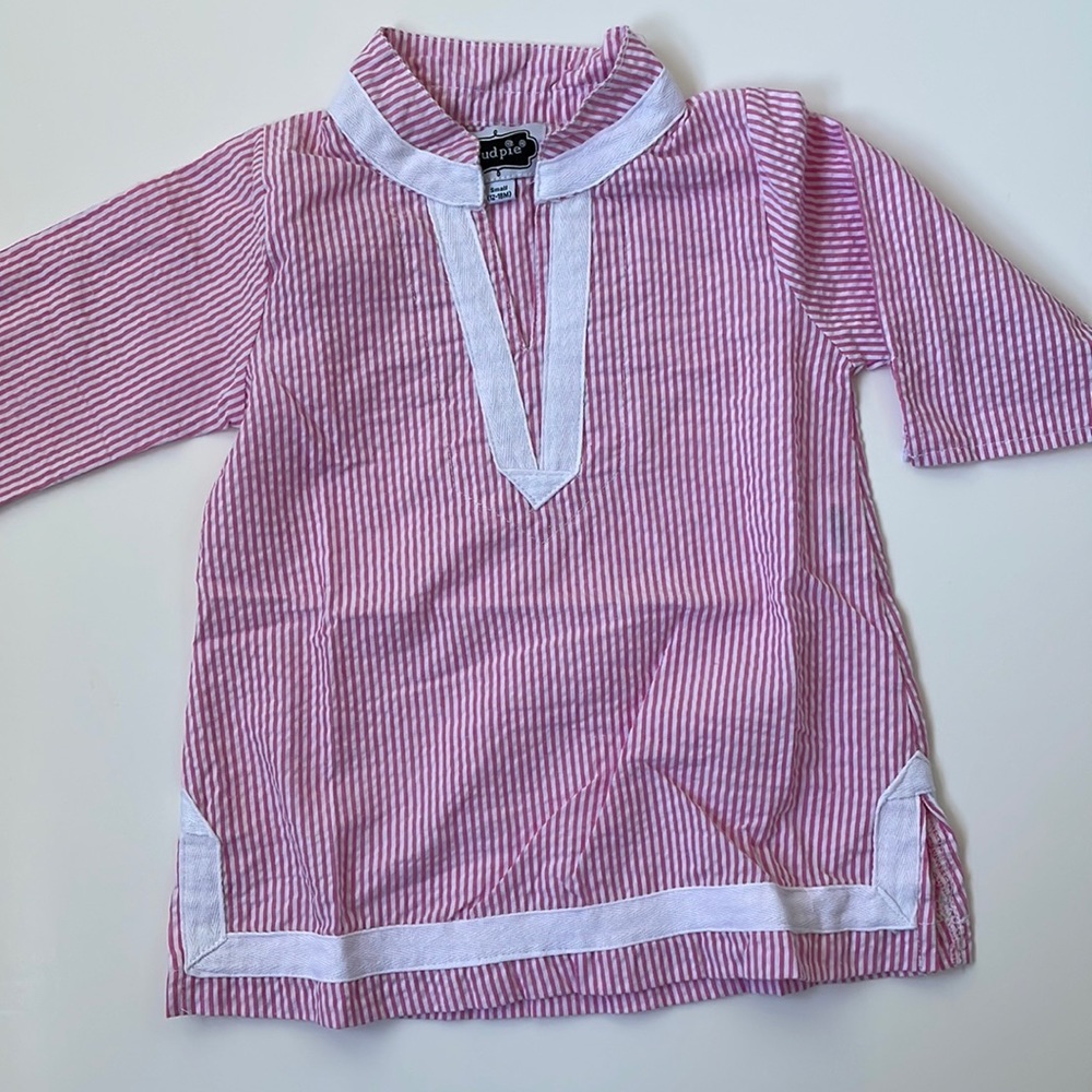 Preppy Pink & white striped seersucker tunic by mudpie kids - size 12-18 months